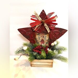 New OOAK Primitive Country Red Star Christmas Angel Arrangement Holiday Decor